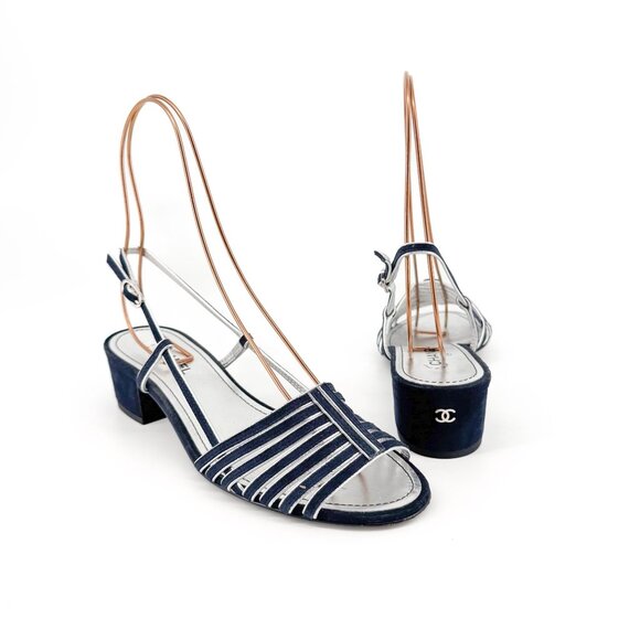 Chanel CC Strappy Slingback Sandals Block Heel Navy Blue Silver Size 37 US 6-6.5 - Picture 1 of 15